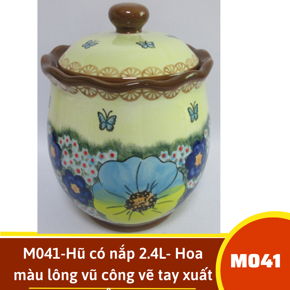 M041-Hũ có nắp 2.4L- Hoa màu lông vũ công vẽ tay xuất Âu