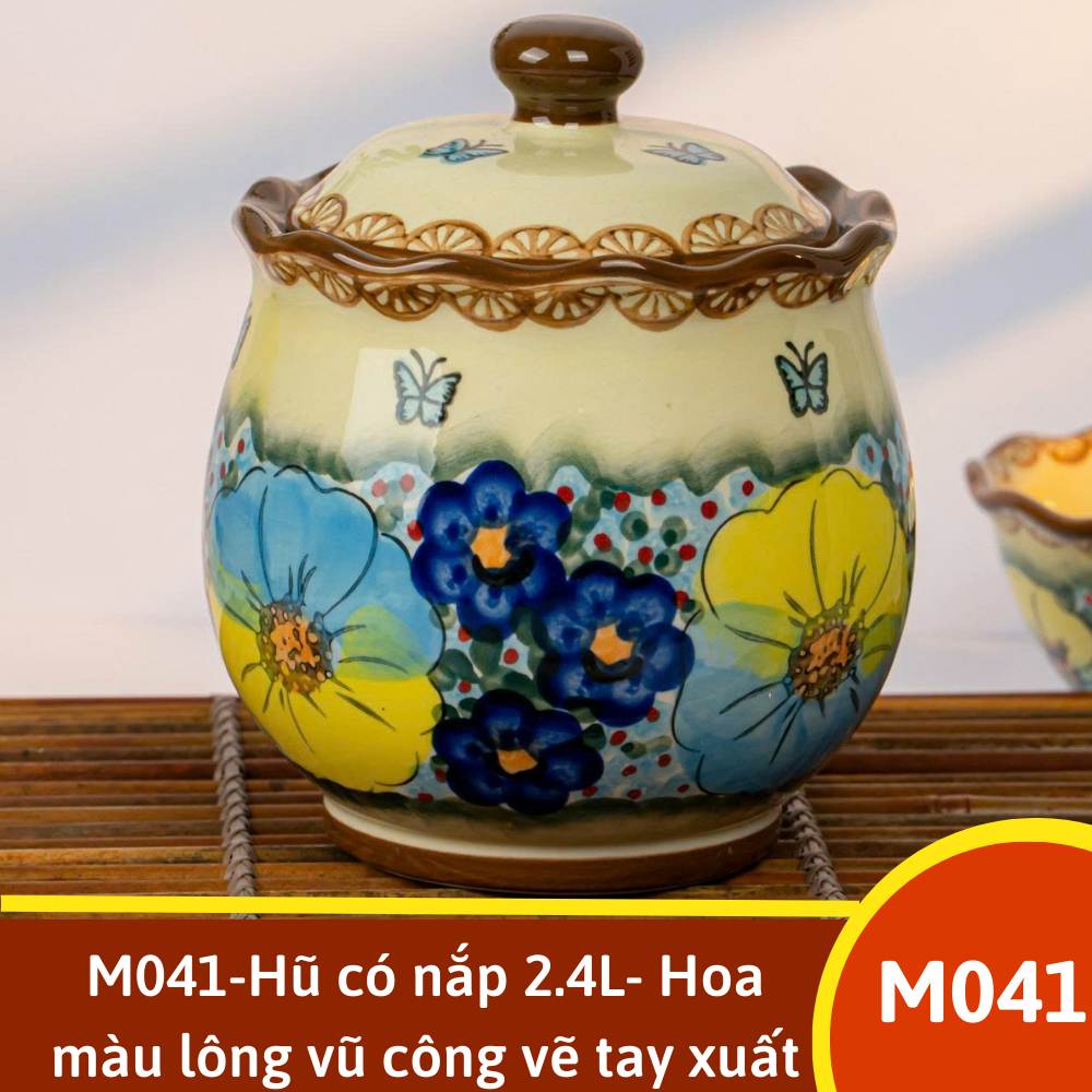 M041-Hũ có nắp 2.4L- Hoa màu lông vũ công vẽ tay xuất Âu SAZ