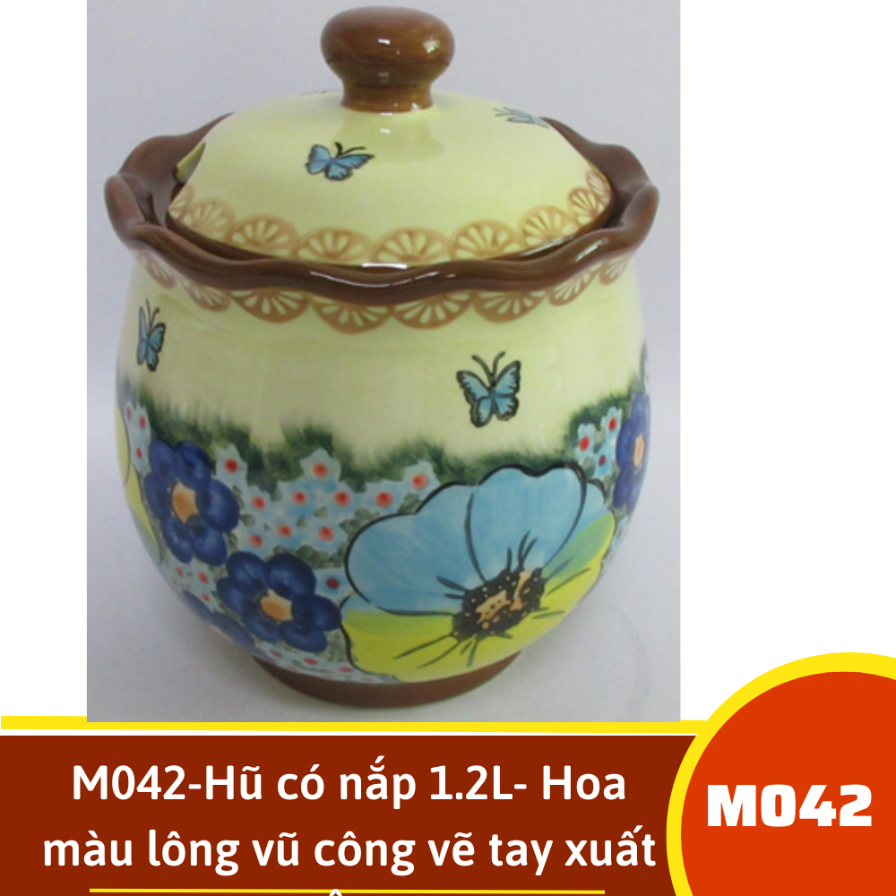 M043-Hũ có nắp 600ml- Hoa màu lông vũ công vẽ tay xuất Âu