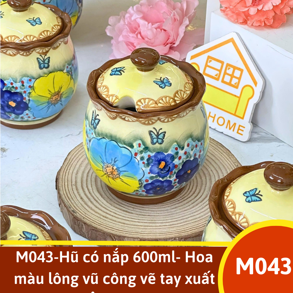 M043-Hũ có nắp 600ml- Hoa màu lông vũ công vẽ tay xuất Âu SAZ 