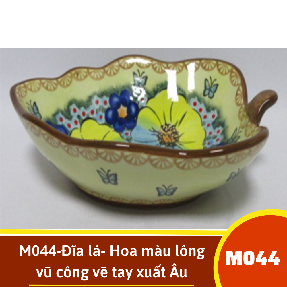 M044-Đĩa lá- Hoa màu lông vũ công vẽ tay xuất Âu