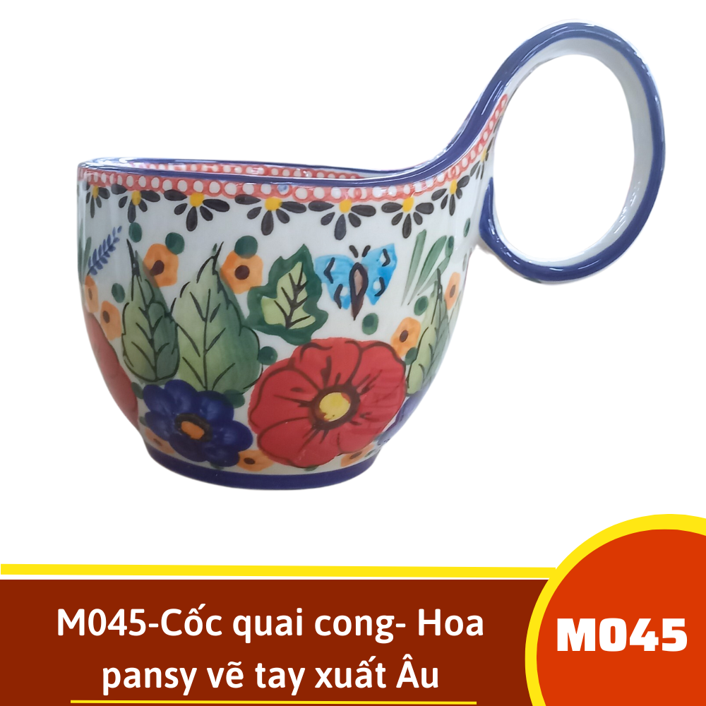 M045-Cốc quai cong- Hoa pansy vẽ tay xuất Âu