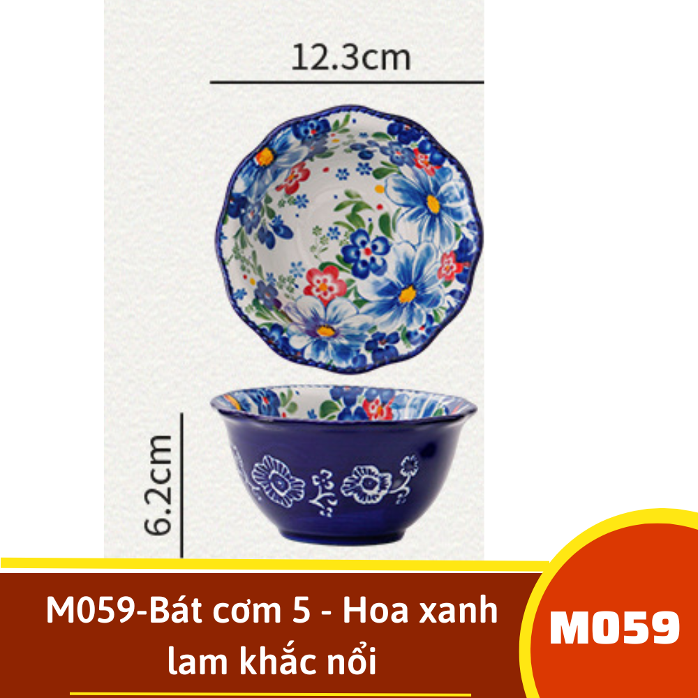 M060-Bát  5.5- Hoa xanh lam khắc nổi