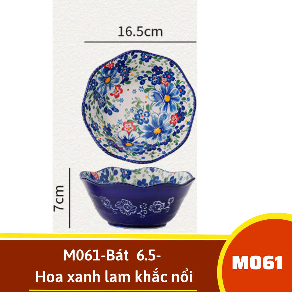 M061-Bát  6.5- Hoa xanh lam khắc nổi