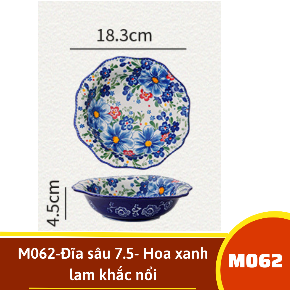 M062-Đĩa sâu 7.5- Hoa xanh lam khắc nổi