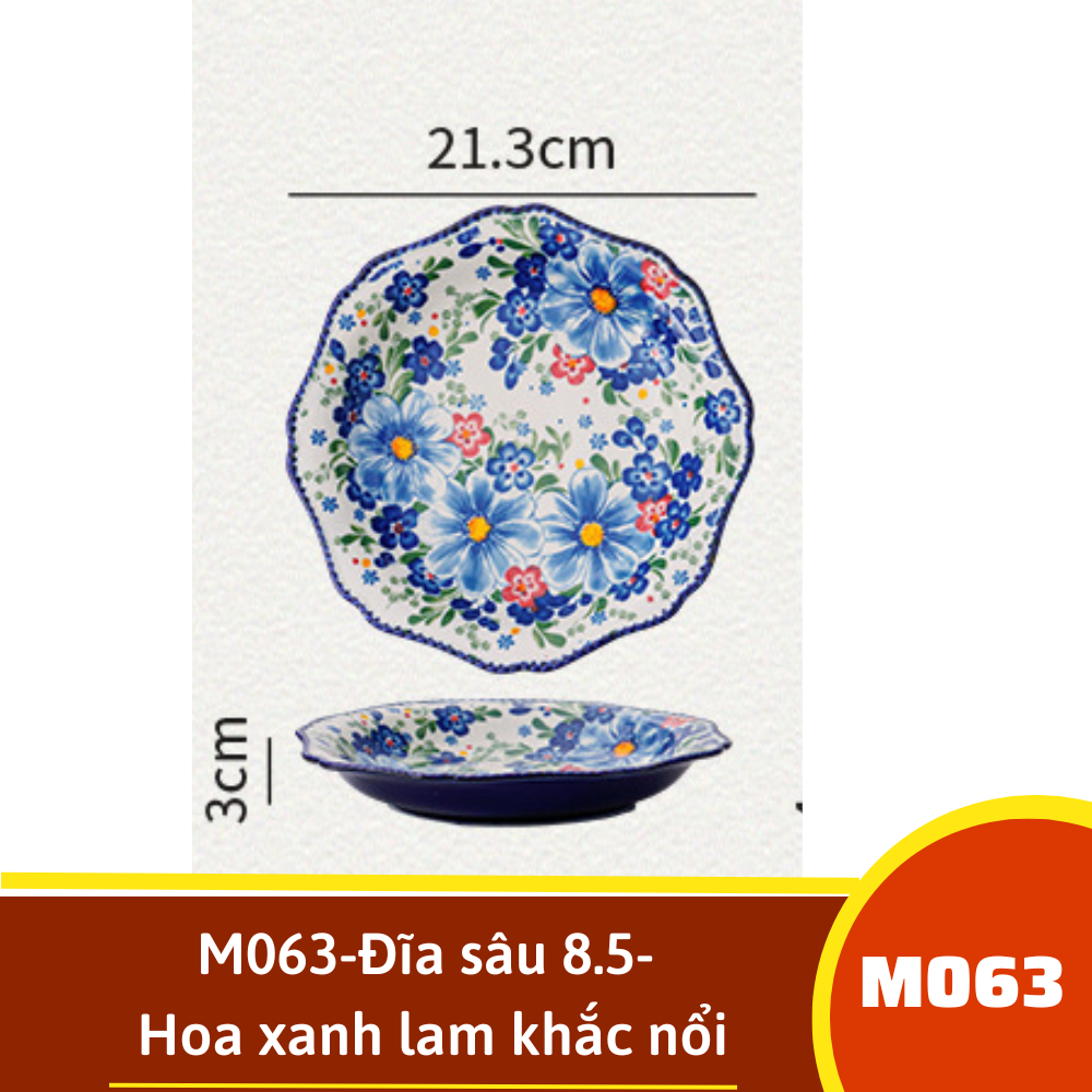 M063-Đĩa sâu 8.5- Hoa xanh lam khắc nổi