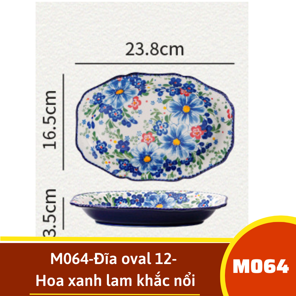 M064-Đĩa oval 12- Hoa xanh lam khắc nổi