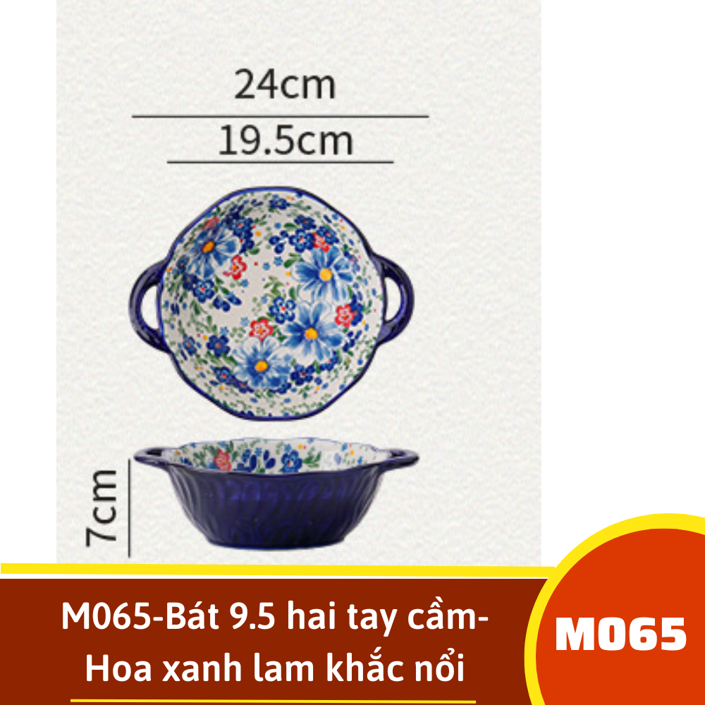 M065-Bát 9.5 hai tay cầm- Hoa xanh lam khắc nổi