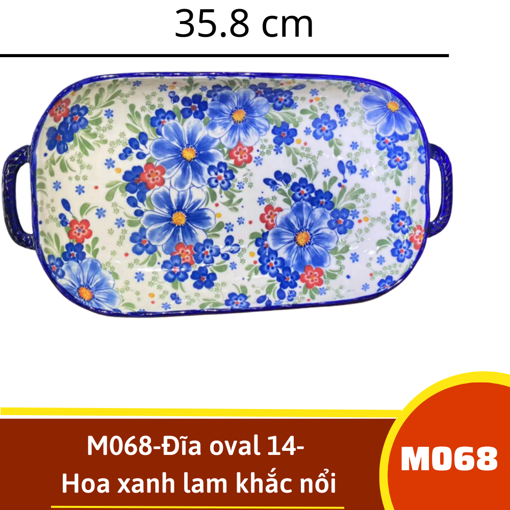 M068-Đĩa oval 14- Hoa xanh lam khắc nổi