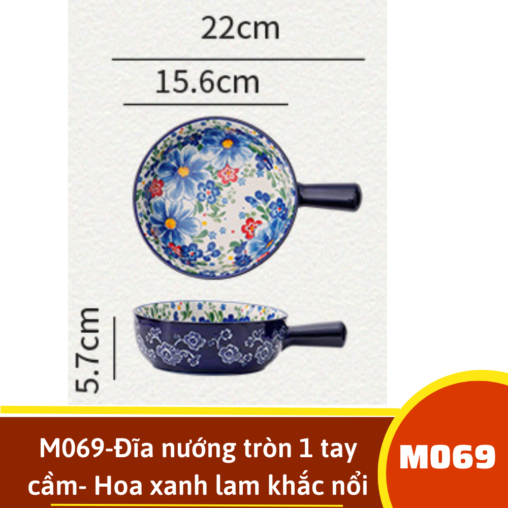 M069-Đĩa nướng tròn 1 tay cầm- Hoa xanh lam khắc nổi