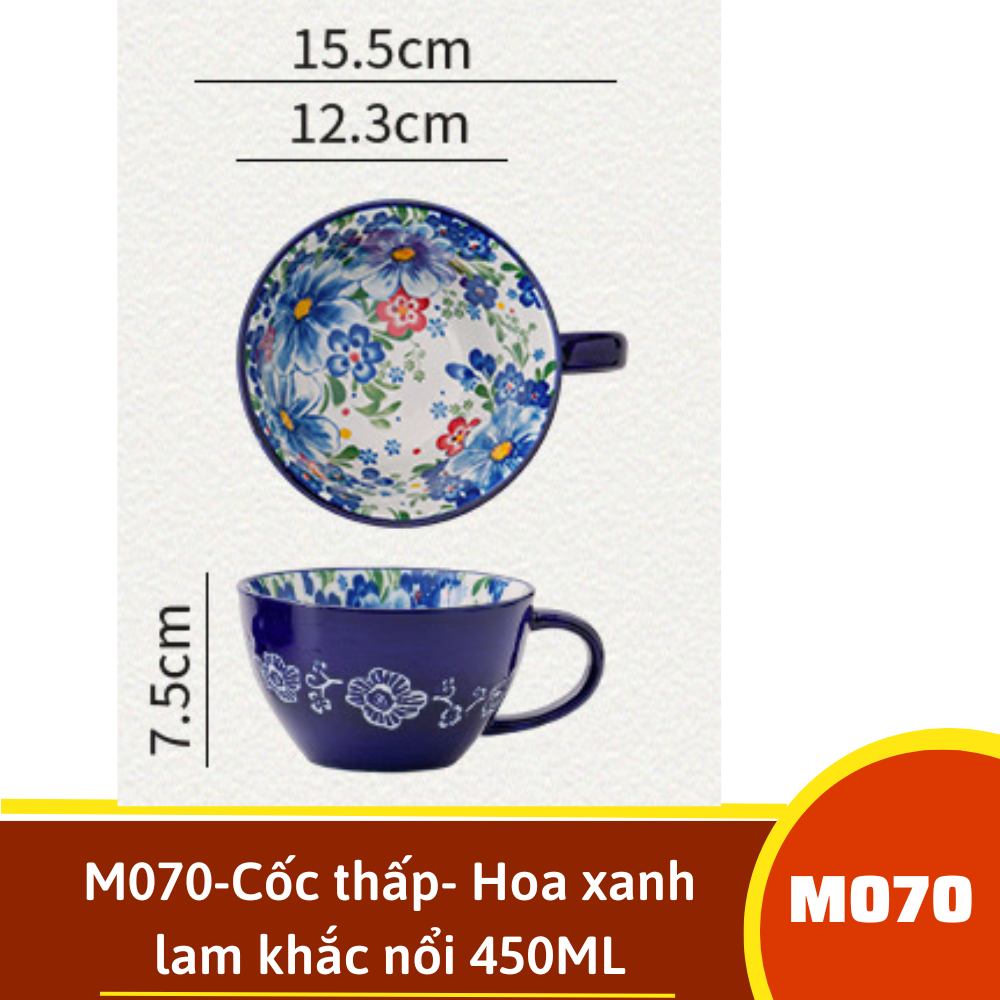 M070-Cốc thấp- Hoa xanh lam khắc nổi