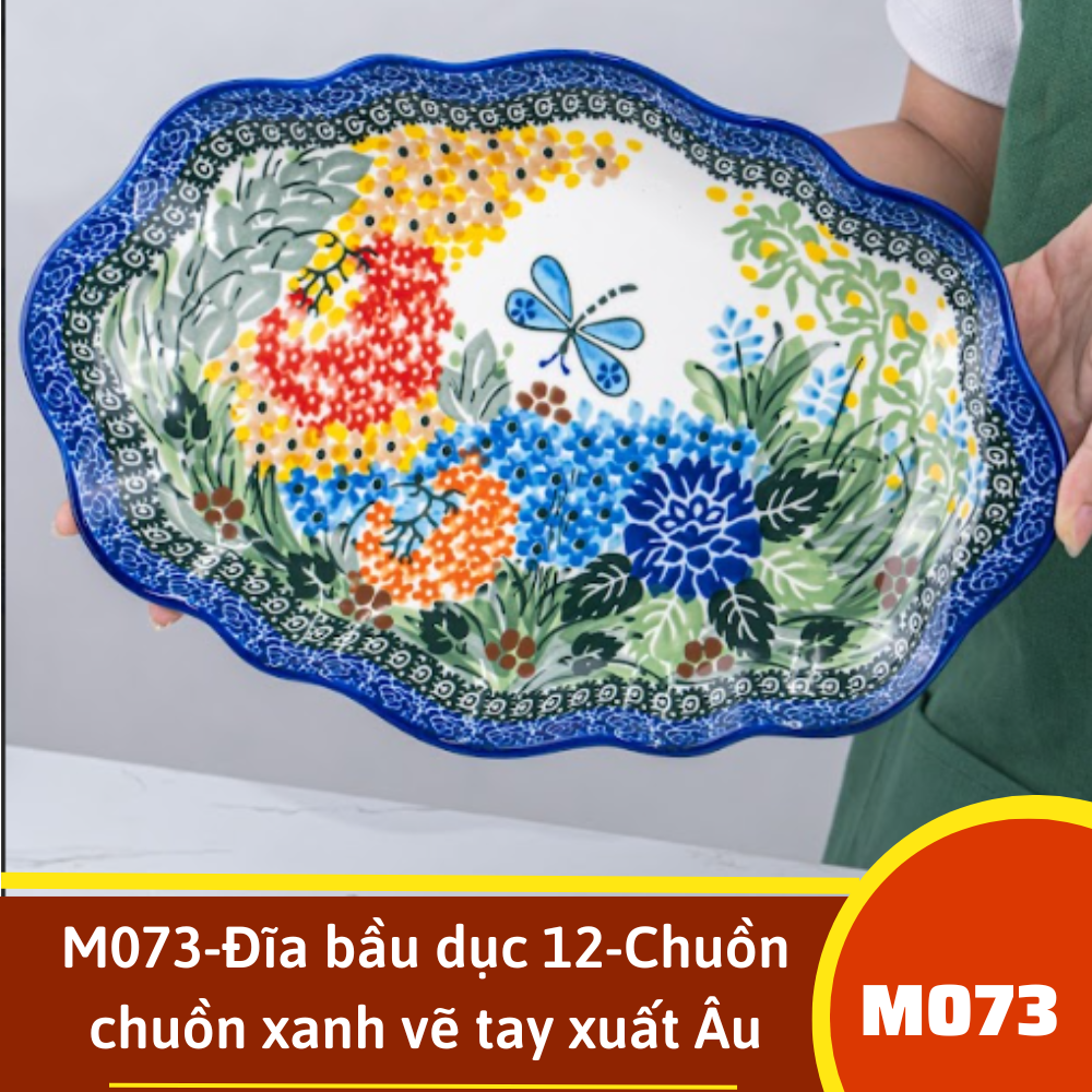 M073-Đĩa bầu dục 12-Chuồn chuồn xanh vẽ tay xuất Âu