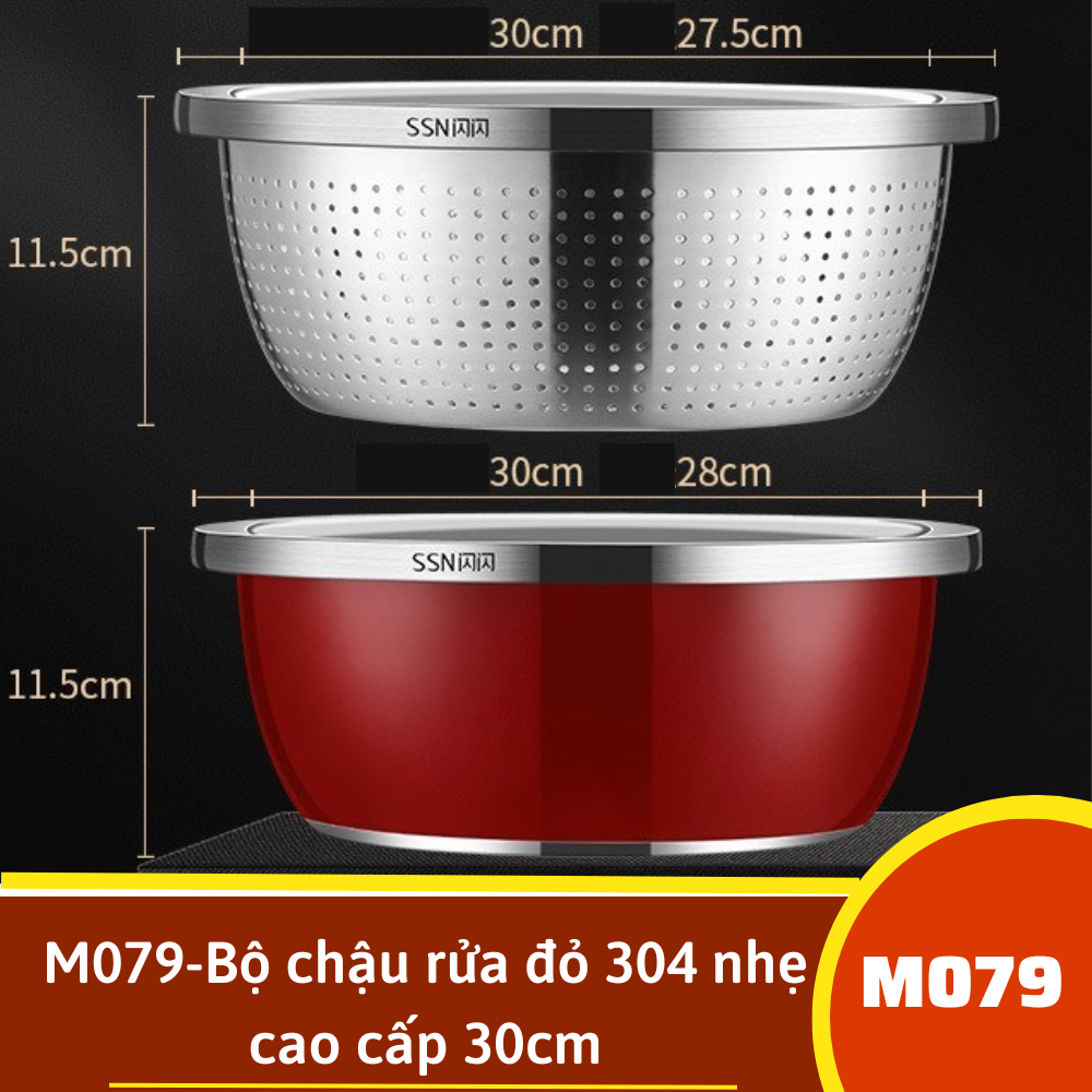 M079-Bộ chậu rửa đỏ 304 nhẹ cao cấp 30cm