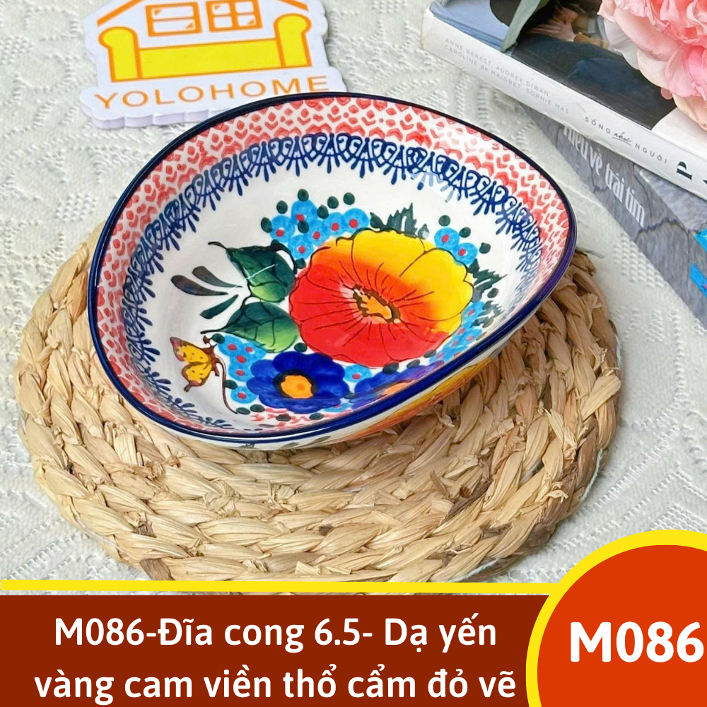 M086-Đĩa cong 6.5- Dạ yến vàng cam viền thổ cẩm đỏ vẽ tay xuất âu SAZ