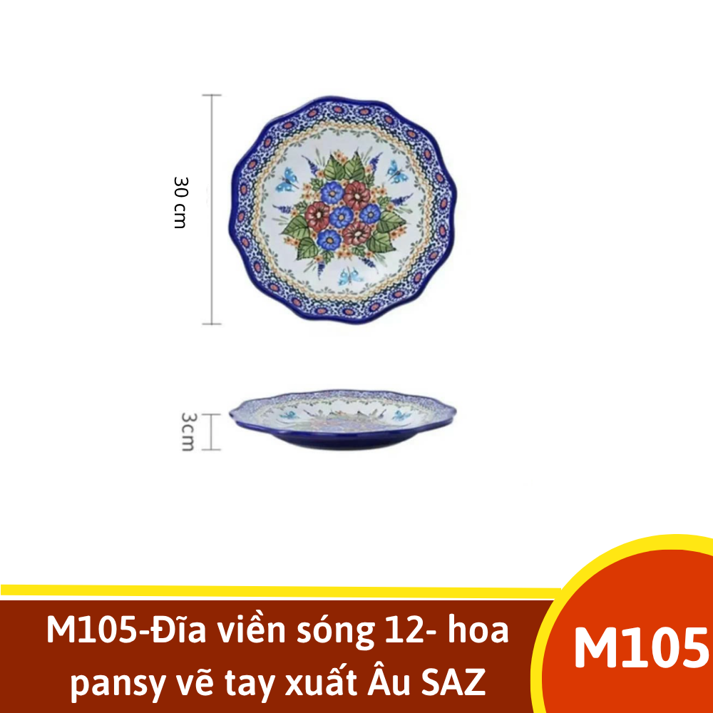 M105-Đĩa viền sóng 12- hoa pansy vẽ tay xuất Âu SAZ