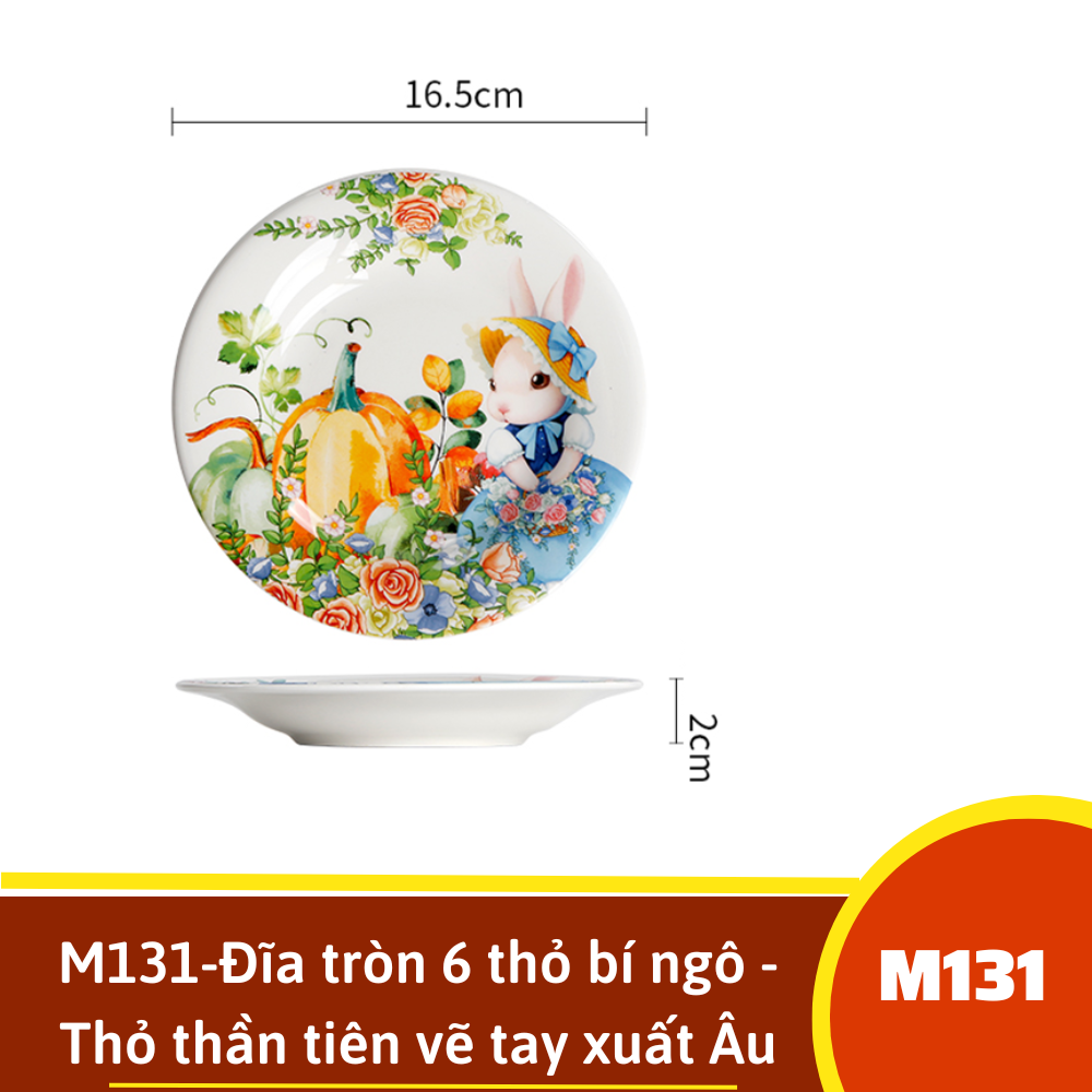 M131-Đĩa tròn 6 thỏ bí ngô - Thỏ thần tiên vẽ tay xuất Âu