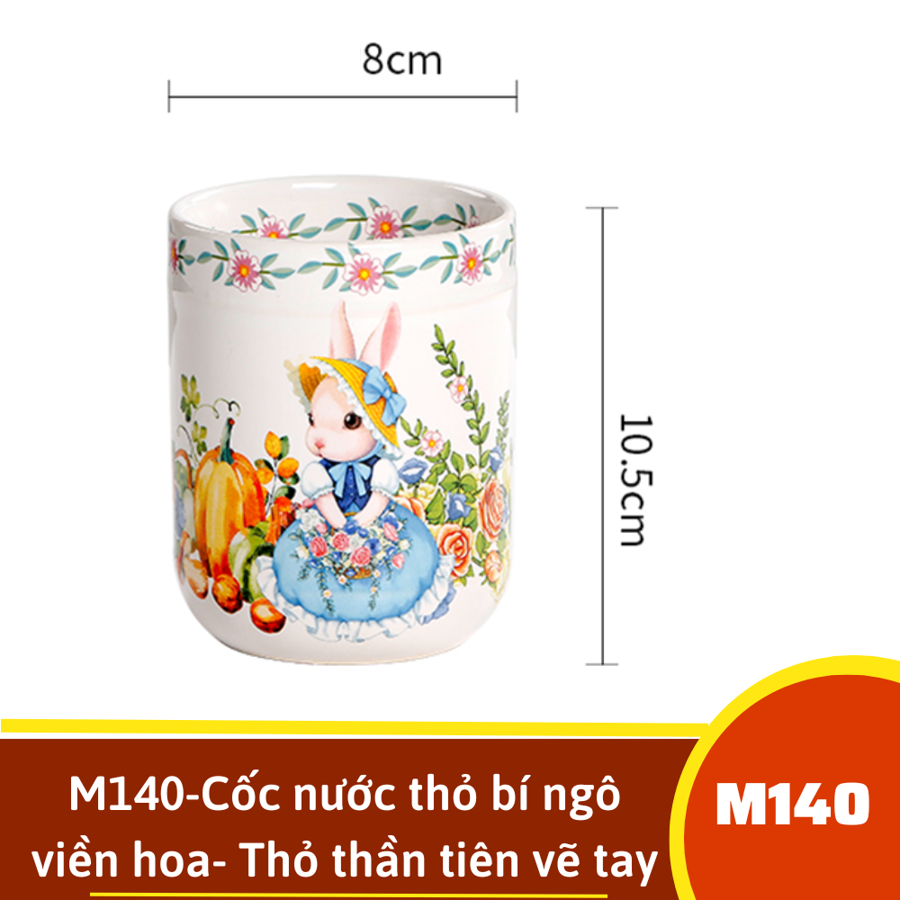 M140-Cốc nước thỏ bí ngô viền hoa- Thỏ thần tiên vẽ tay xuất Âu