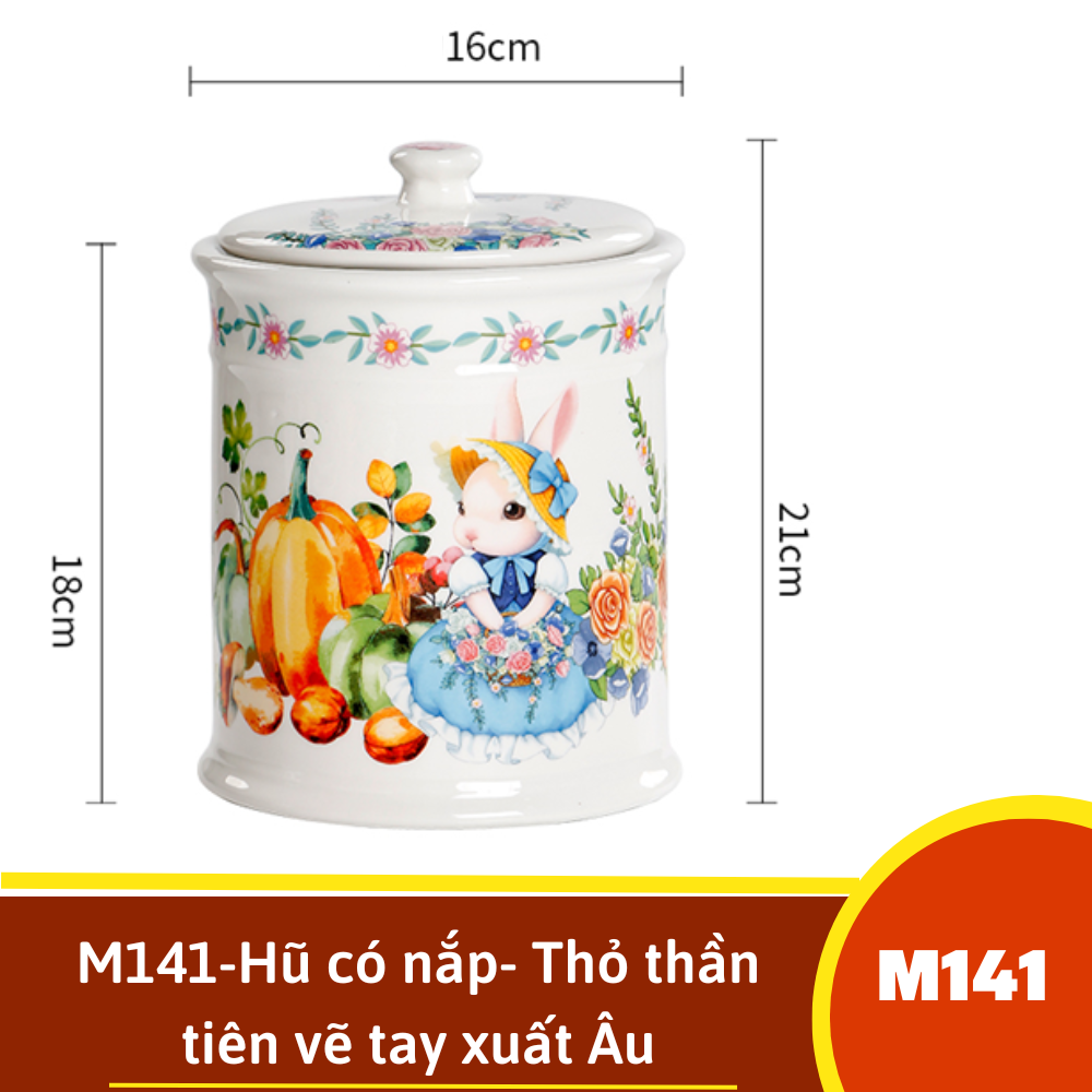 M141-Hũ có nắp- Thỏ thần tiên vẽ tay xuất Âu