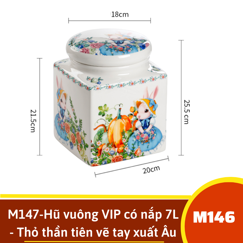 M147-Hũ vuông VIP có nắp 7L - Thỏ thần tiên vẽ tay xuất Âu