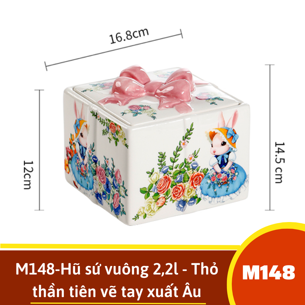 M148-Hũ sứ vuông 2,2l - Thỏ thần tiên vẽ tay xuất Âu