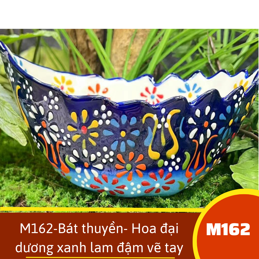 M162-Bát thuyền- Hoa đại dương xanh lam đậm vẽ tay xuất âu
