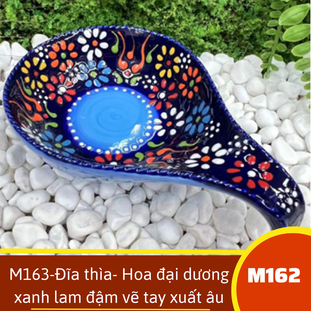 M163-Đĩa thìa- Hoa đại dương xanh lam đậm vẽ tay xuất âu