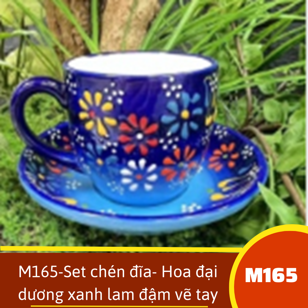 M165-Set chén đĩa- Hoa đại dương xanh lam đậm vẽ tay xuất âu