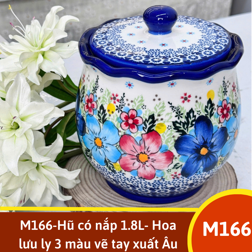 M166-Hũ có nắp 1.8L- Hoa lưu ly 3 màu vẽ tay xuất Âu SAZ