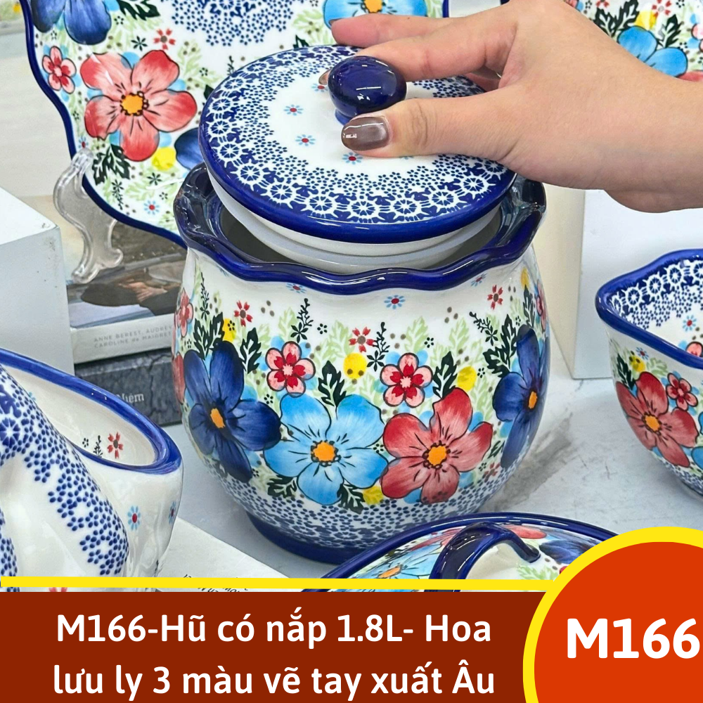 M166-Hũ có nắp 1.8L- Hoa lưu ly 3 màu vẽ tay xuất Âu SAZ
