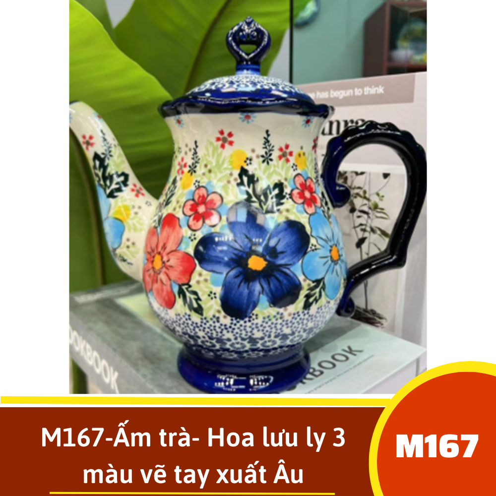 M167-Ấm trà- Hoa lưu ly 3 màu vẽ tay xuất Âu