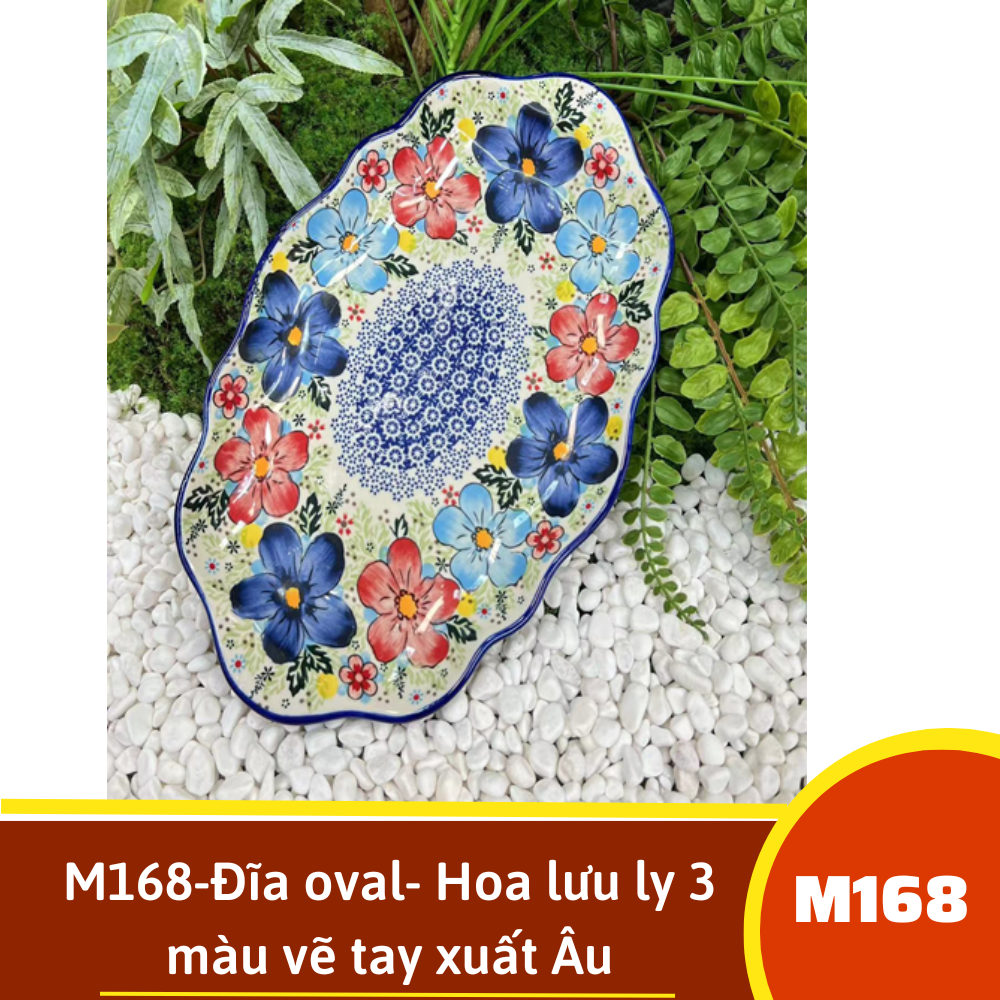M168-Đĩa oval- Hoa lưu ly 3 màu vẽ tay xuất Âu