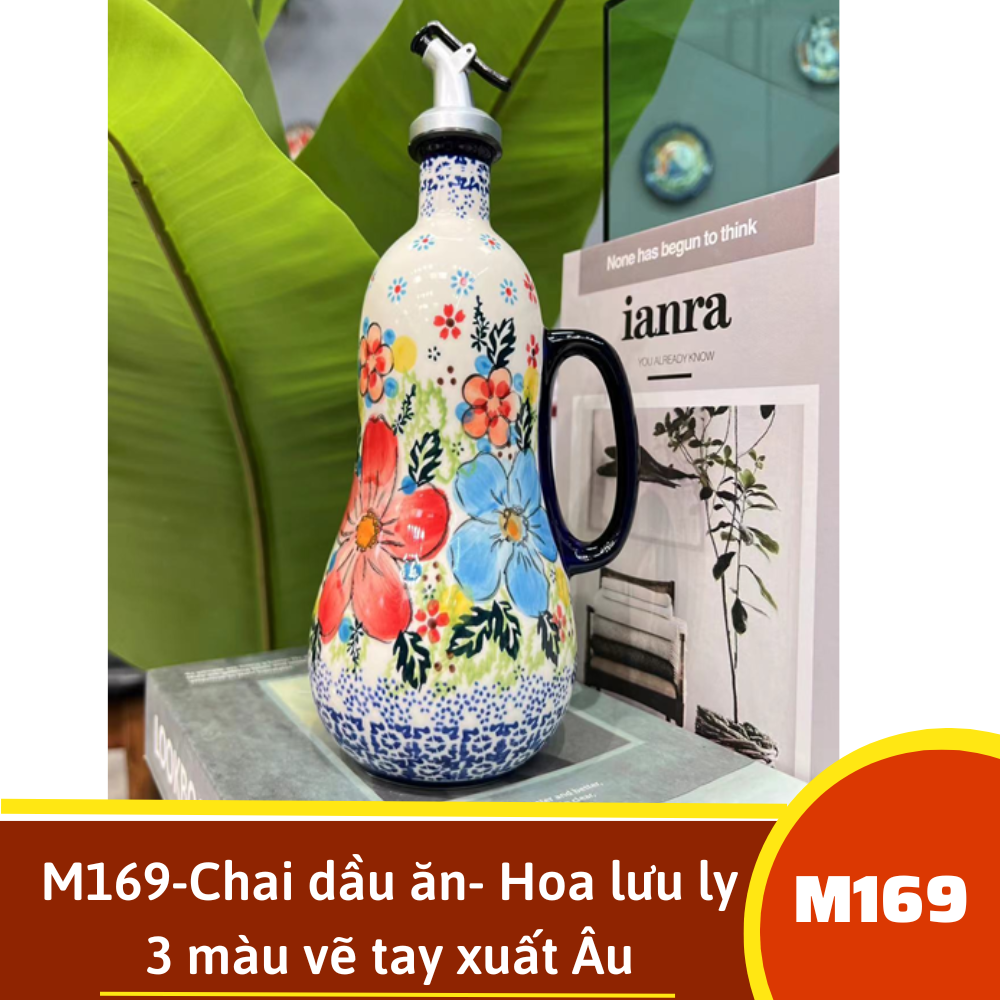 M169-Chai dầu ăn- Hoa lưu ly 3 màu vẽ tay xuất Âu
