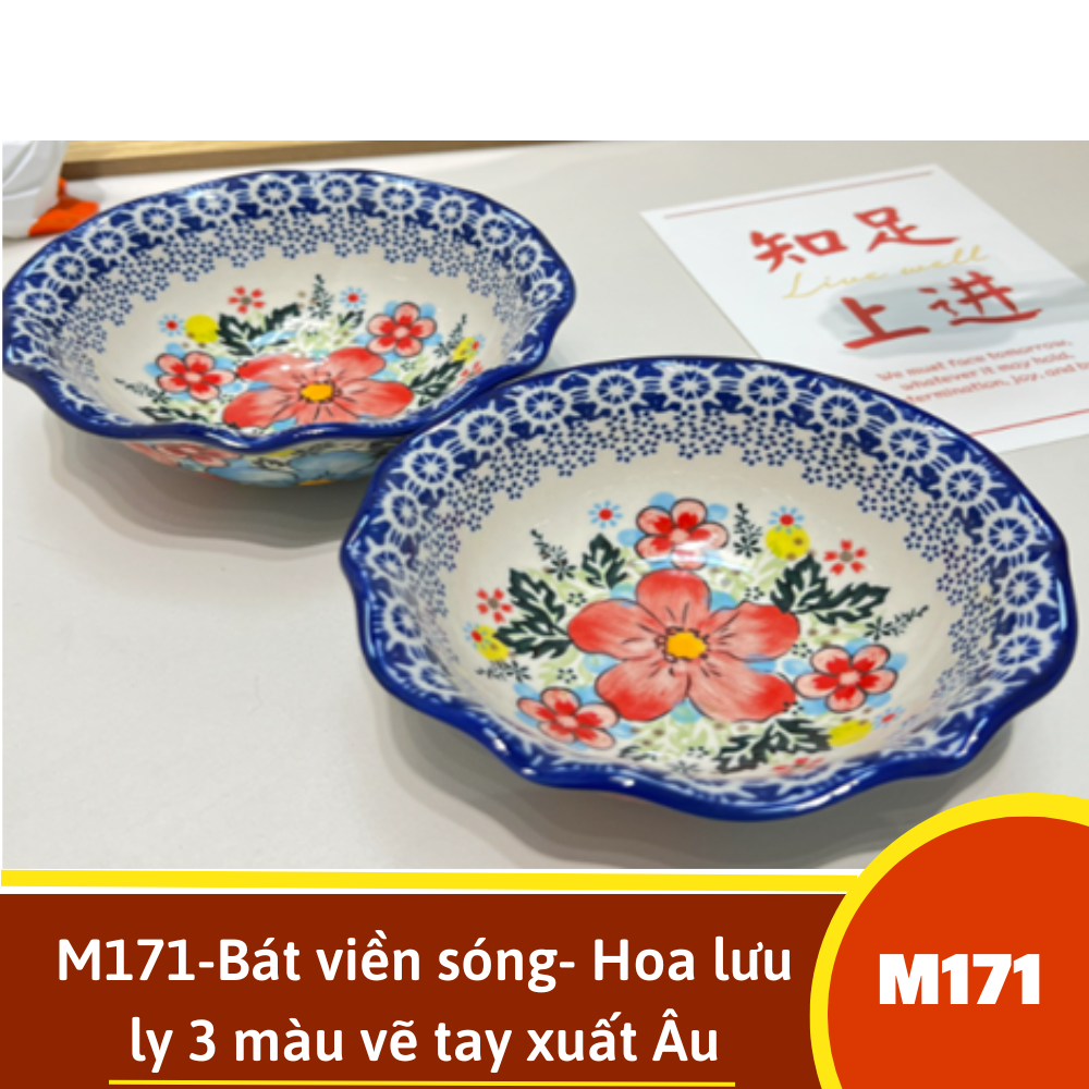 M171-Bát viền sóng- Hoa lưu ly 3 màu vẽ tay xuất Âu