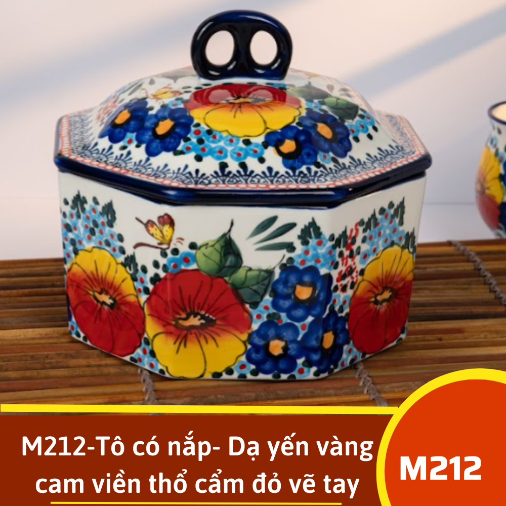 M212-Tô có nắp- Dạ yến vàng cam viền thổ cẩm đỏ vẽ tay xuất âu