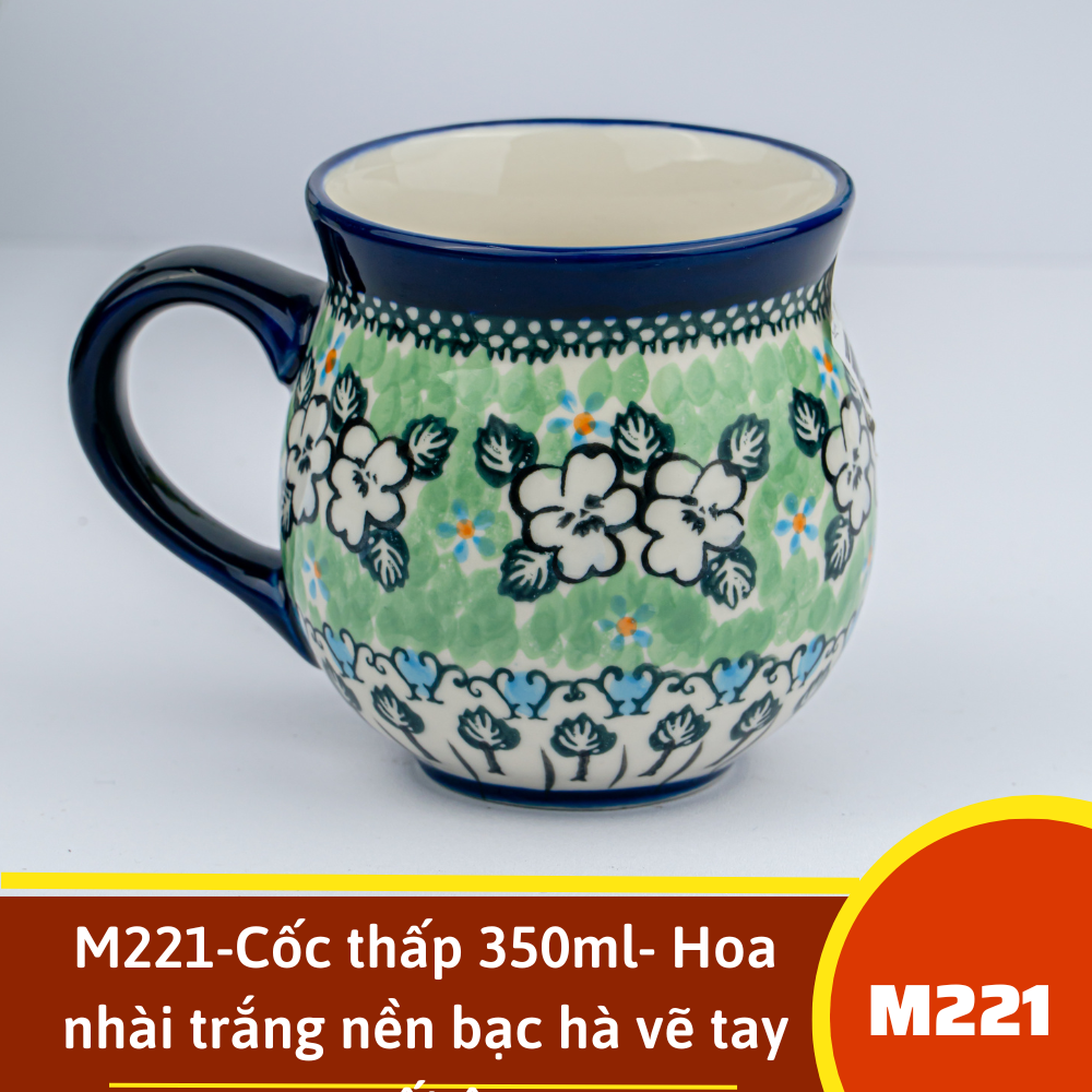 M221-Cốc thấp 350ml- Hoa nhài trắng nền bạc hà vẽ tay xuất âu