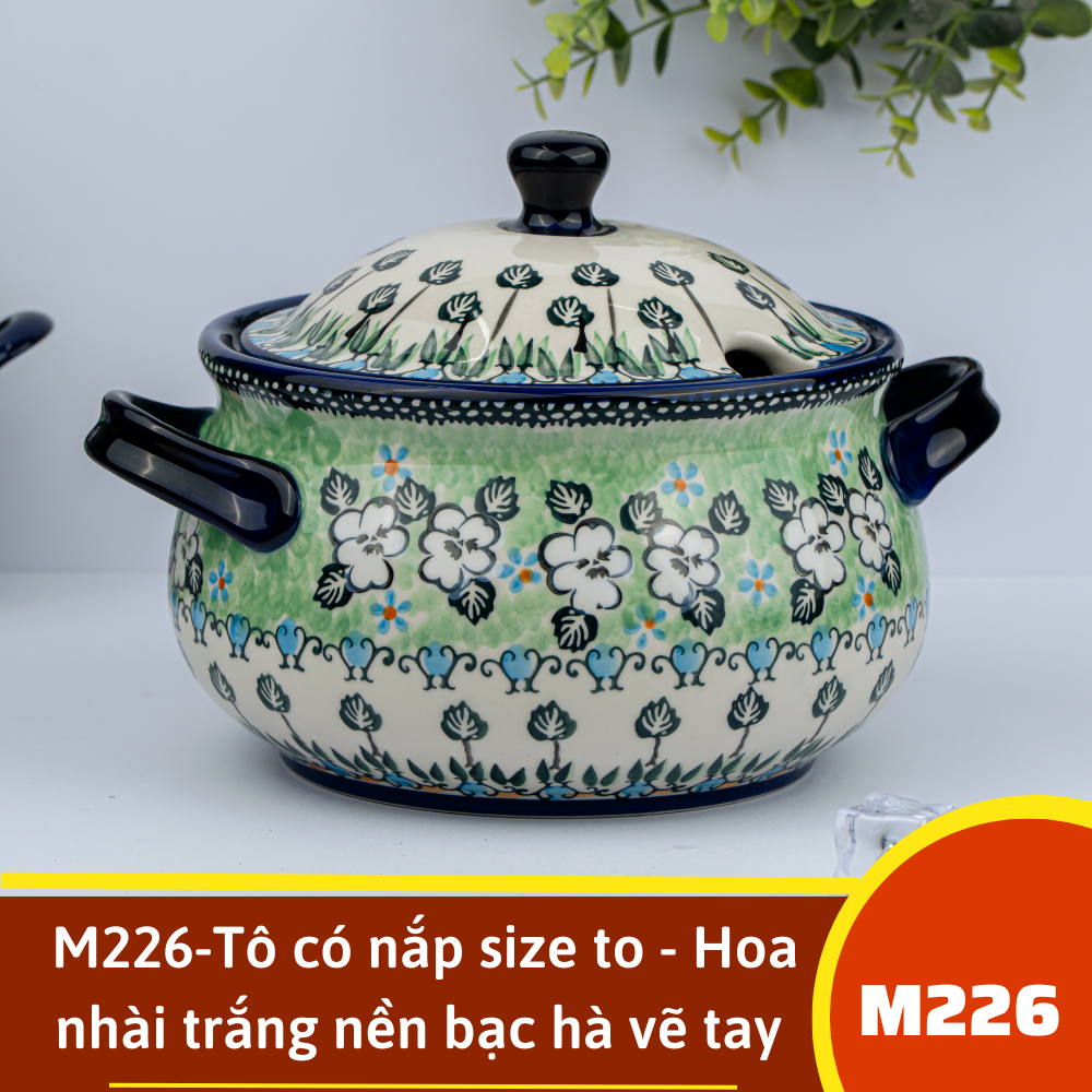 M226-Tô có nắp size to - Hoa nhài trắng nền bạc hà vẽ tay xuất âu