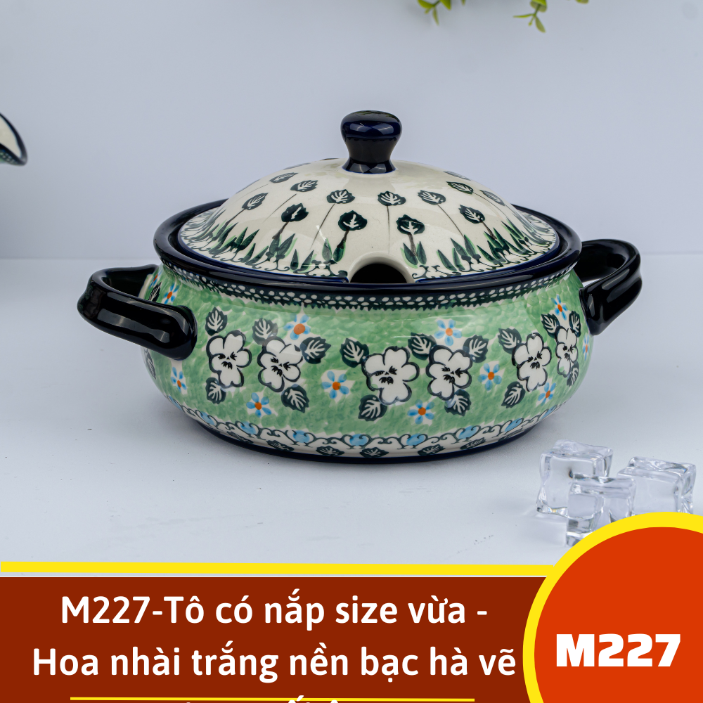 M227-Tô có nắp size vừa - Hoa nhài trắng nền bạc hà vẽ tay xuất âu