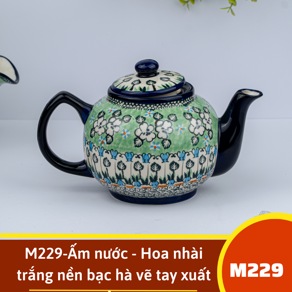 M229-Ấm nước - Hoa nhài trắng nền bạc hà vẽ tay xuất âu