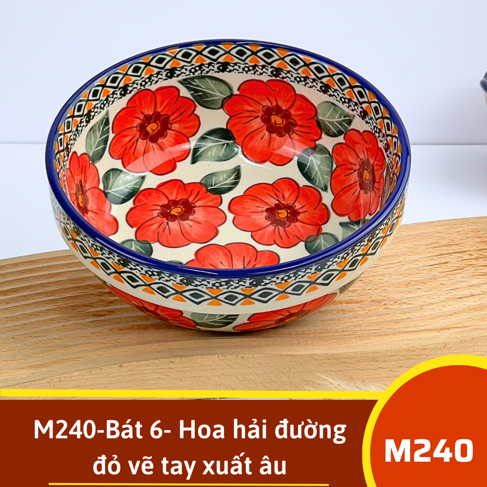 M240-Bát 6- Hoa hải đường đỏ vẽ tay xuất âu