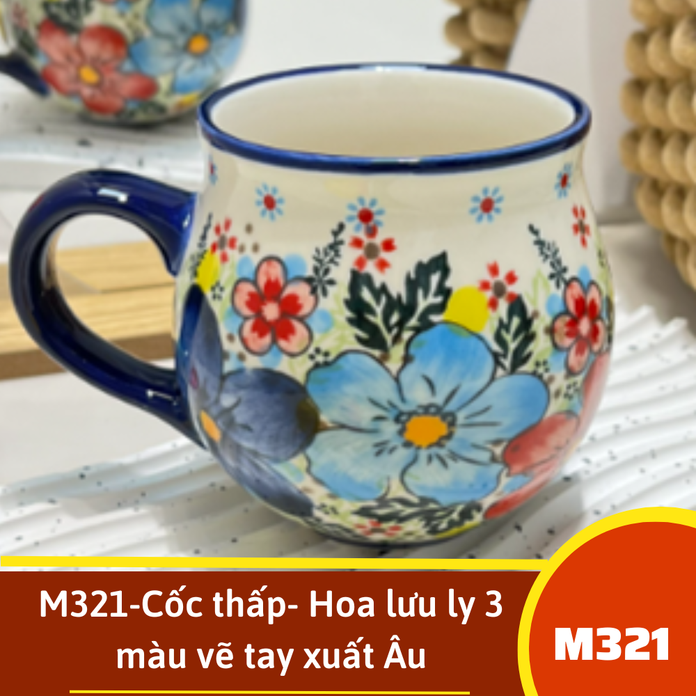 M321-Cốc thấp- Hoa lưu ly 3 màu vẽ tay xuất Âu