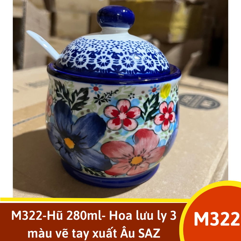 M322-Hũ 280ml- Hoa lưu ly 3 màu vẽ tay xuất Âu SAZ