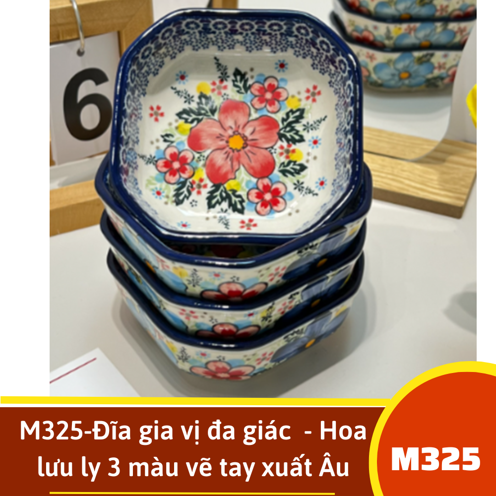 M325-Đĩa gia vị đa giác  - Hoa lưu ly 3 màu vẽ tay xuất Âu