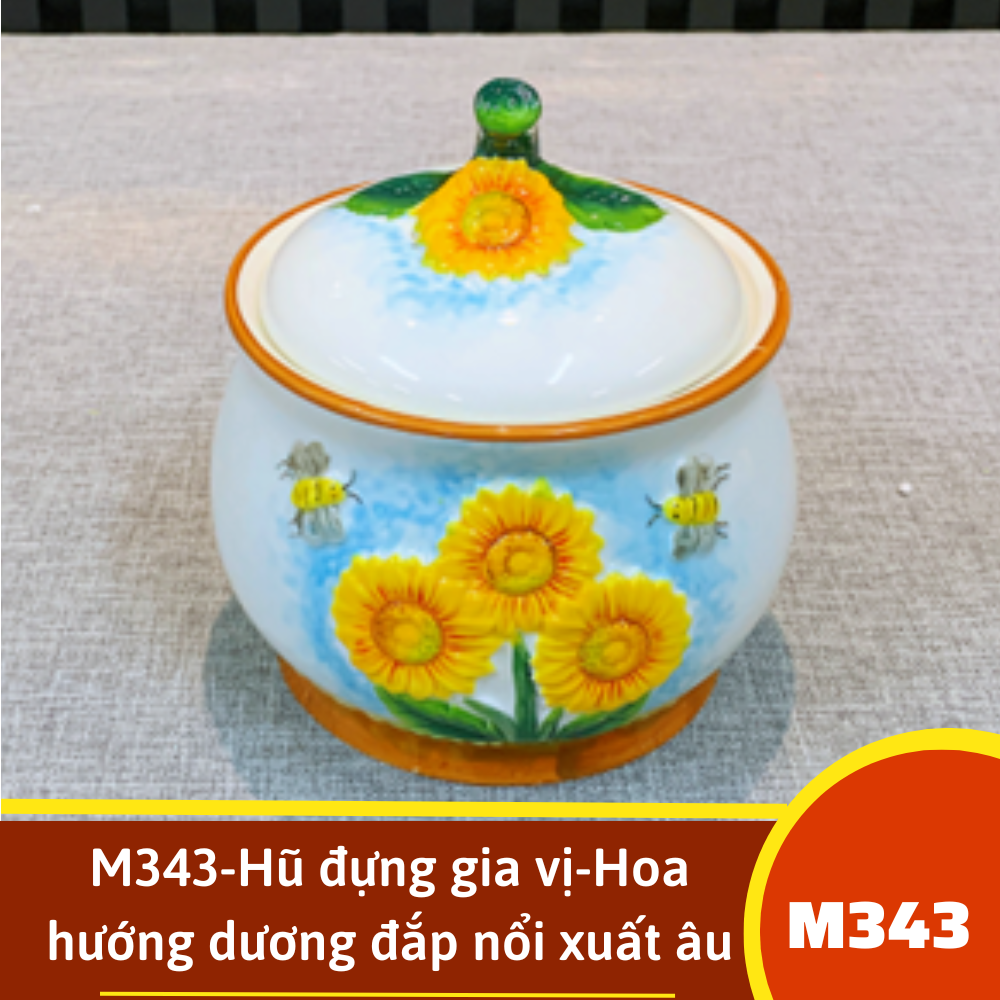 M343-Hũ đựng gia vị-Hoa hướng dương đắp nổi xuất âu