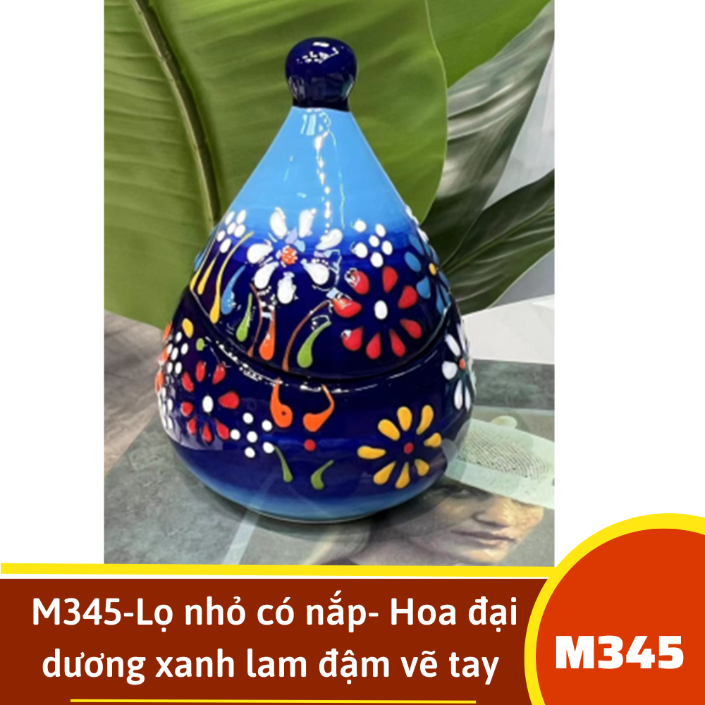 M345-Lọ nhỏ có nắp- Hoa đại dương xanh lam đậm vẽ tay xuất Âu
