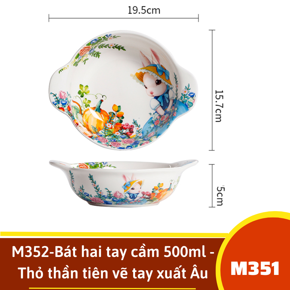 M352-Bát hai tay cầm 500ml - Thỏ thần tiên vẽ tay xuất Âu