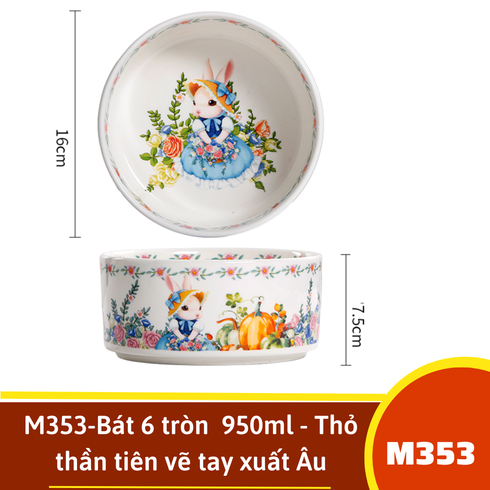 M353-Bát 6 tròn  950ml - Thỏ thần tiên vẽ tay xuất Âu