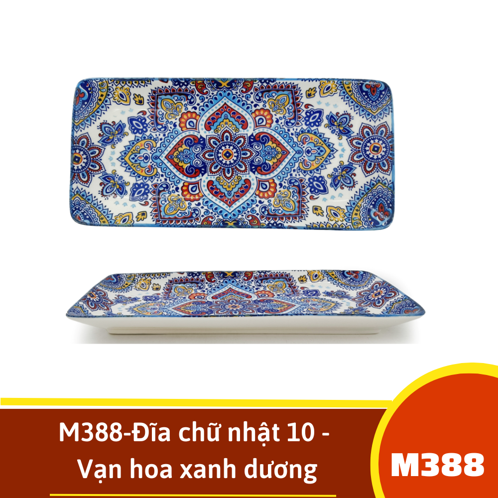 M388-Đĩa chữ nhật 10 - Vạn hoa xanh dương