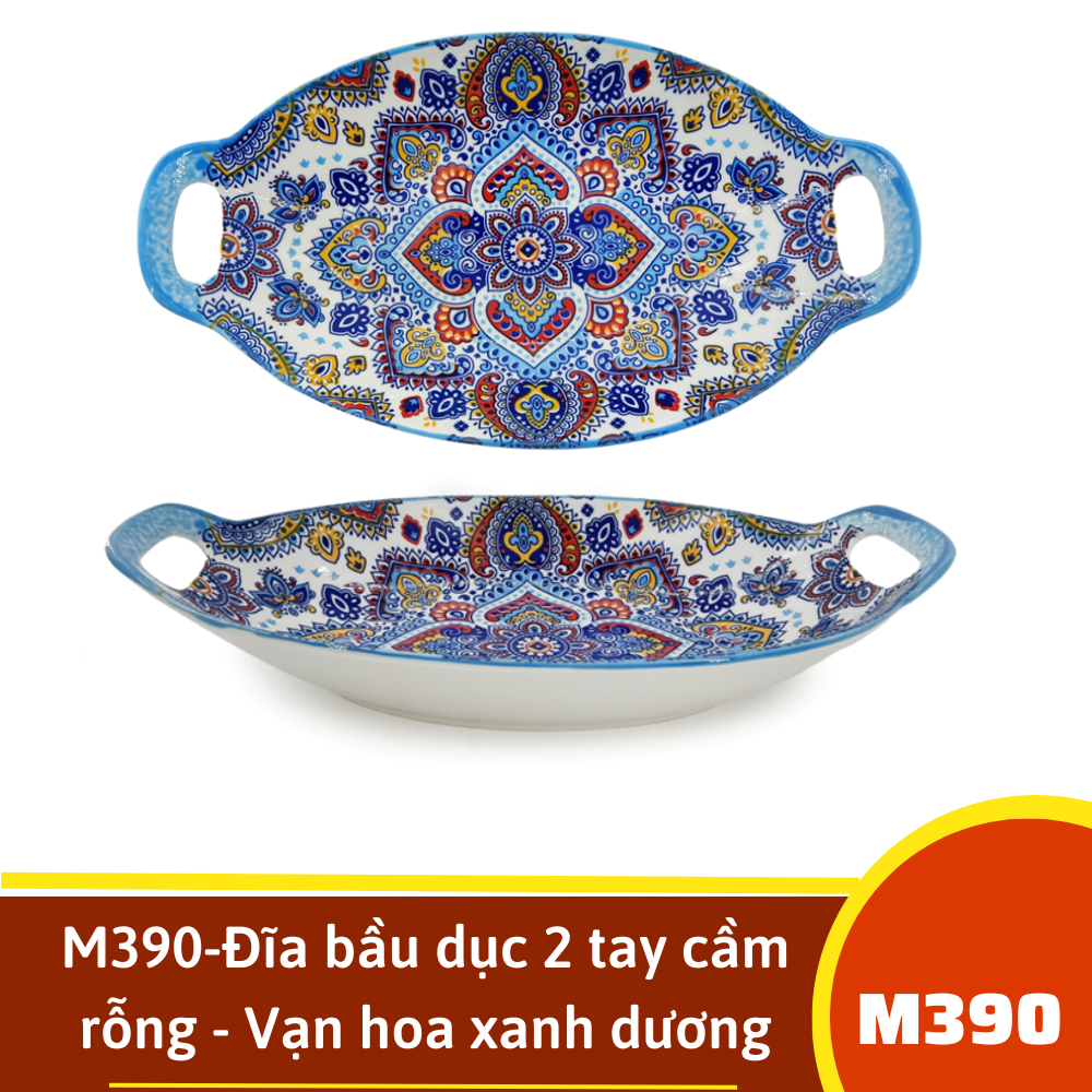 M390-Đĩa bầu dục 2 tay cầm rỗng - Vạn hoa xanh dương