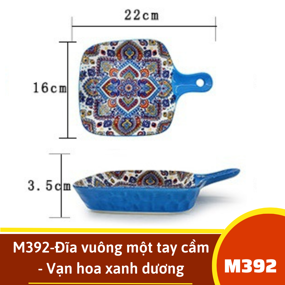 M392-Đĩa vuông một tay cầm - Vạn hoa xanh dương
