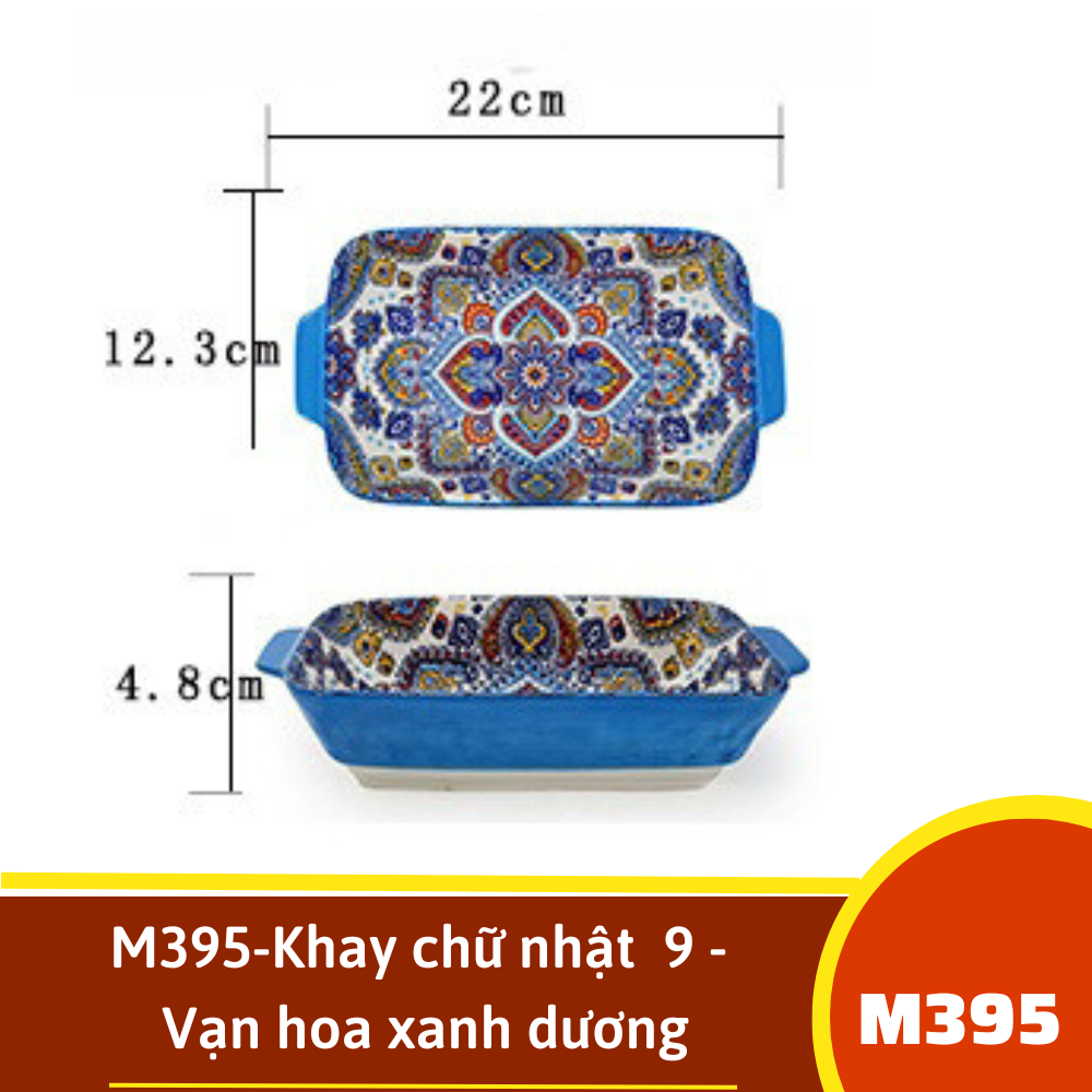M395-Khay chữ nhật  9 - Vạn hoa xanh dương